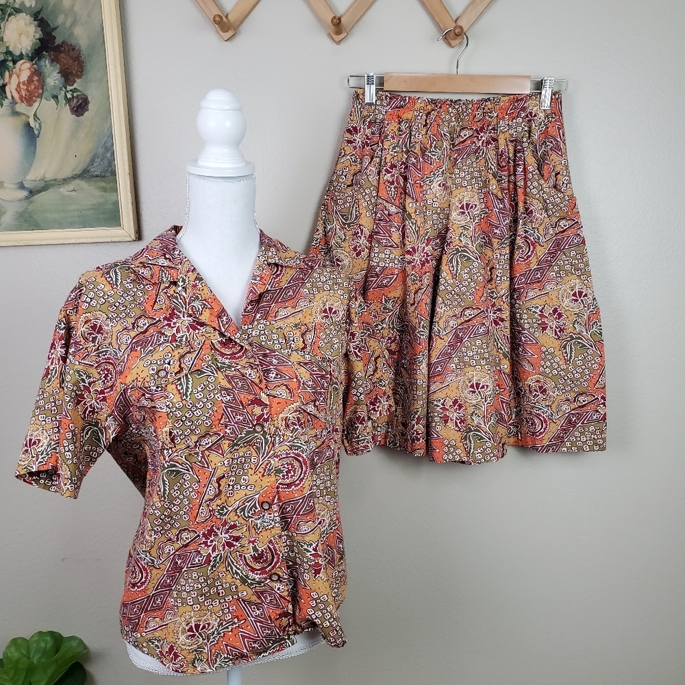 80s floral culottes shirt set